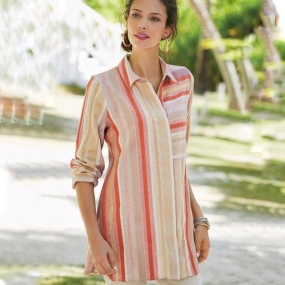 Soft Surroundings Maddalena Metallic Stripe Tunic Shirt Women L Textured Resort